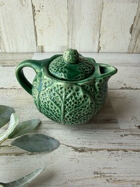 Vintage Majolica Green Ceramic Cabbage Leaf Teapot Mid Century